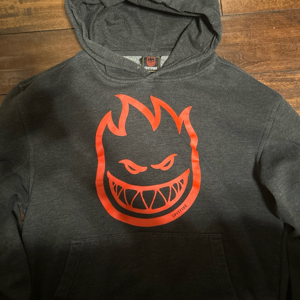 Spitfire Men's Dark Gray Hoodie with Red Flame Graphic